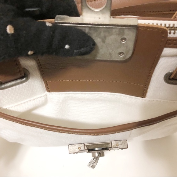 Authentic Diesel White Canvas Leather Distress Hardware Handbag Shoulder Bag - Picture 8 of 13